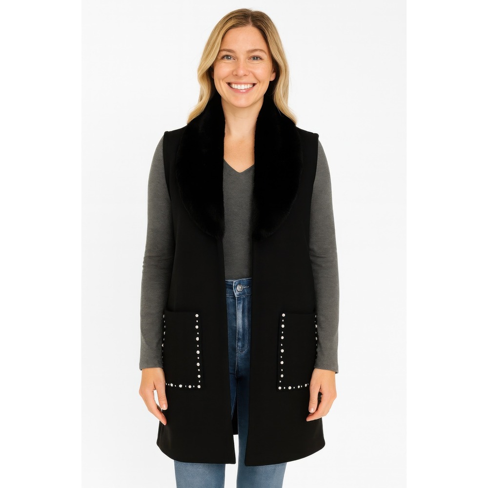 Womens Black Faux Fur Collar Studded Pocket‎ Long Vest Outerwear